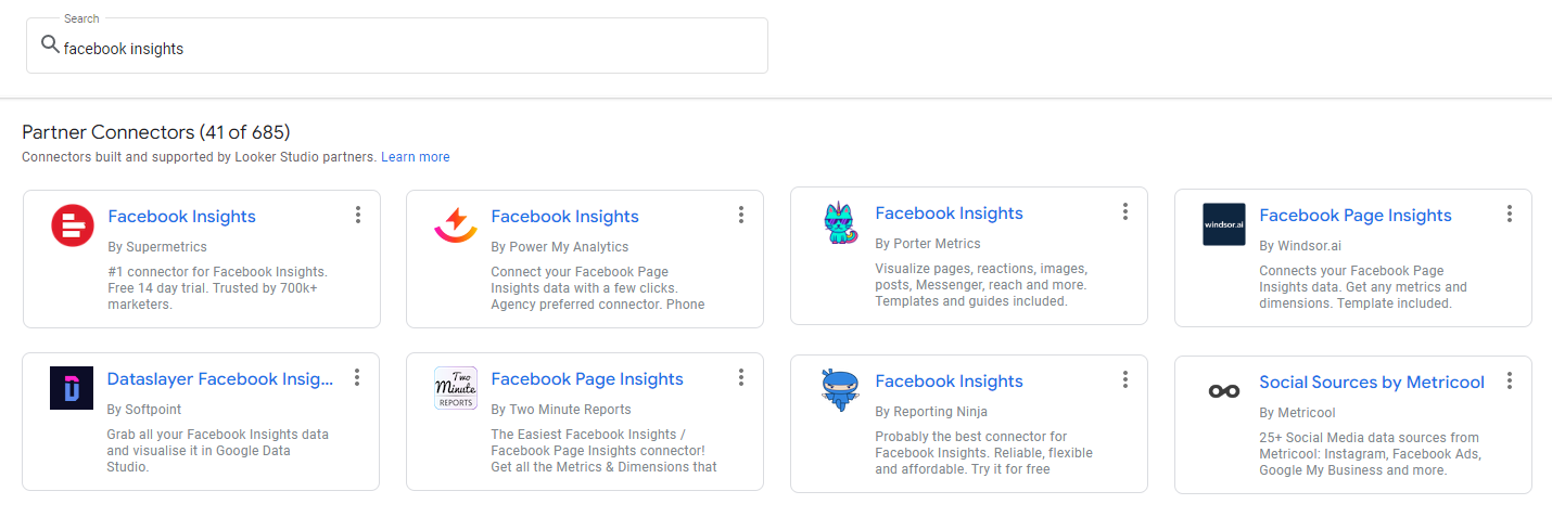 Facebook insights connecteurs partenaires pour Google Data Studio